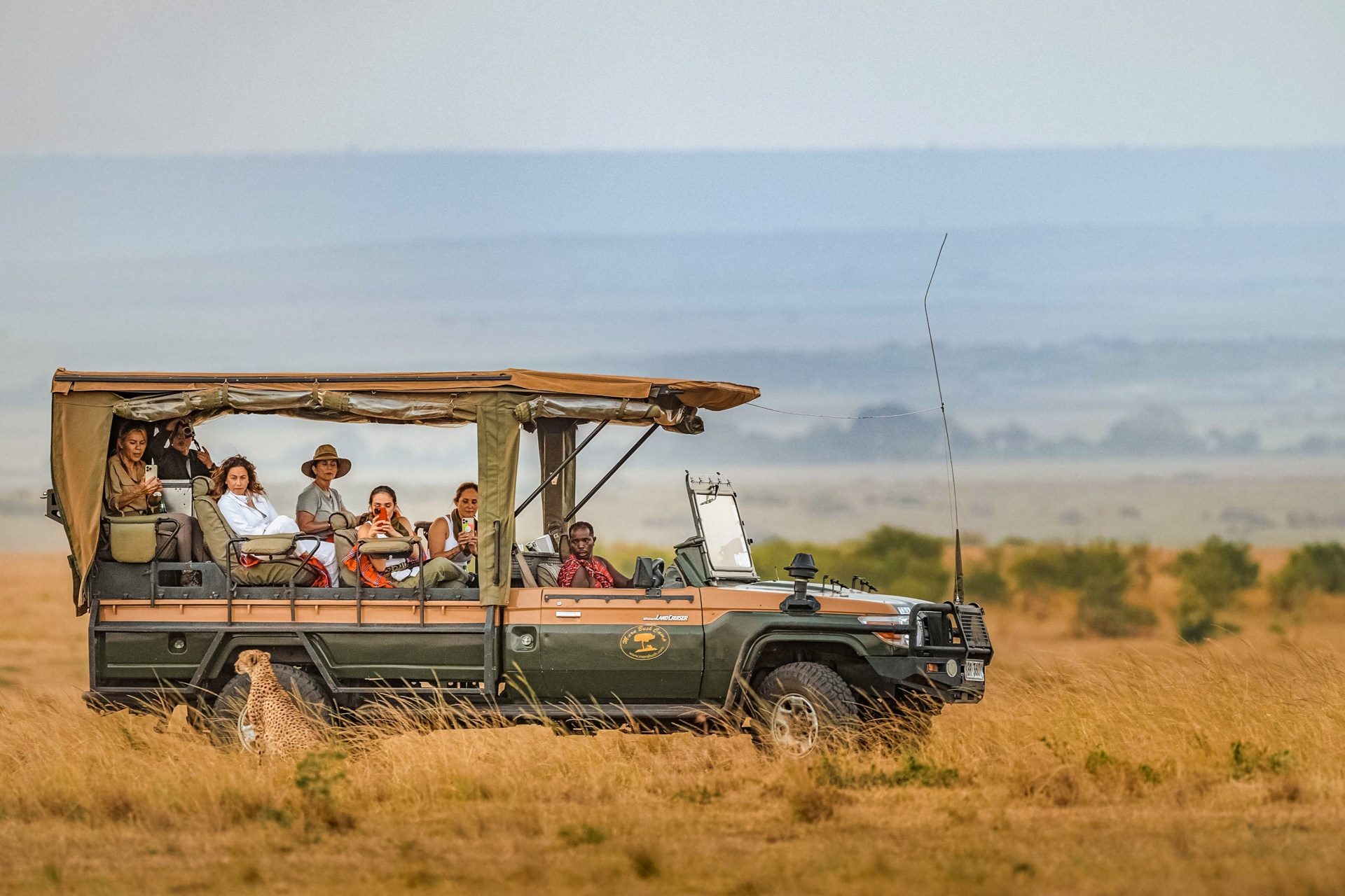Safari au cœur du Kenya organisé par le Soroi Luxury Migration Camp. Un groupe dans un 4x4 observe un léopard à côté du véhicule.